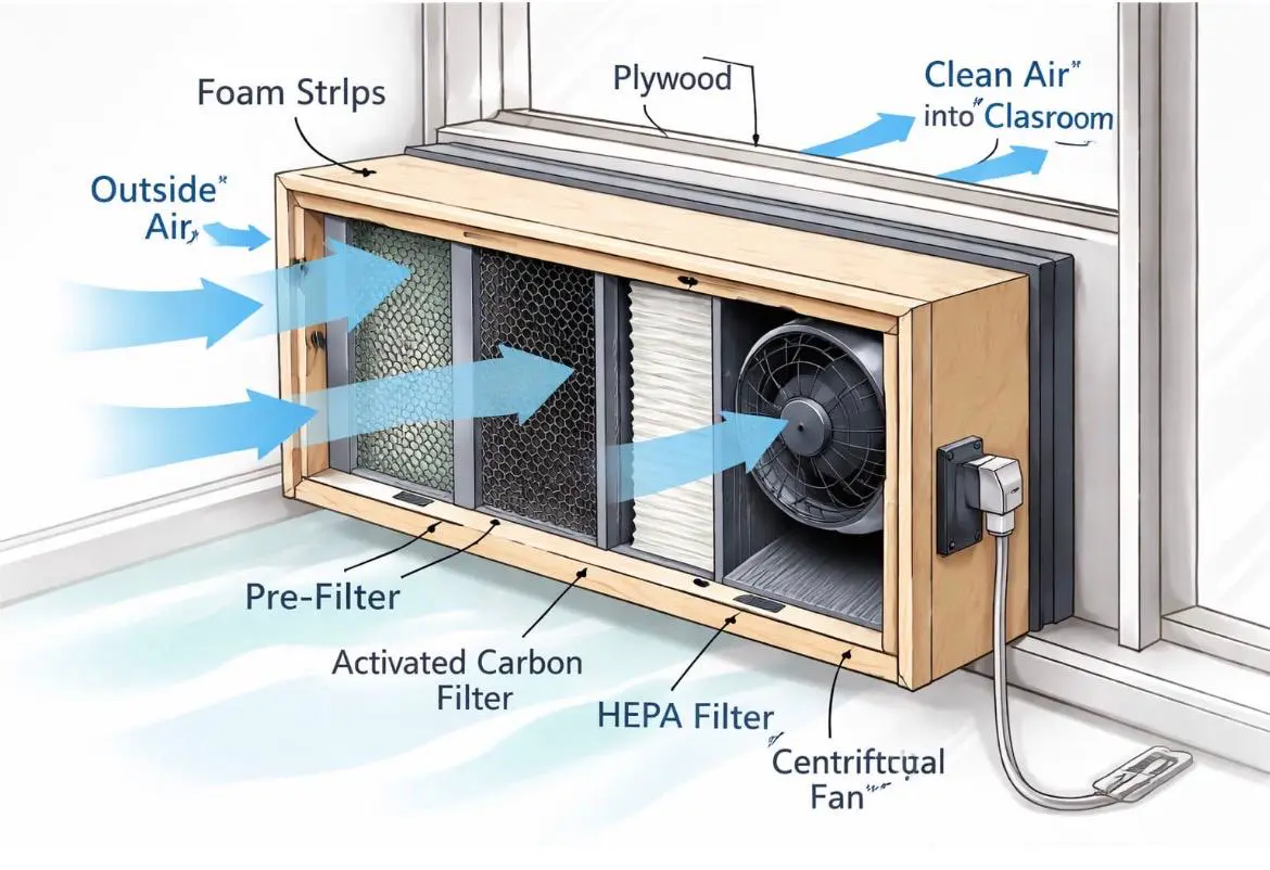 Technical illustration of a window-mounted air purification and ventilation unit