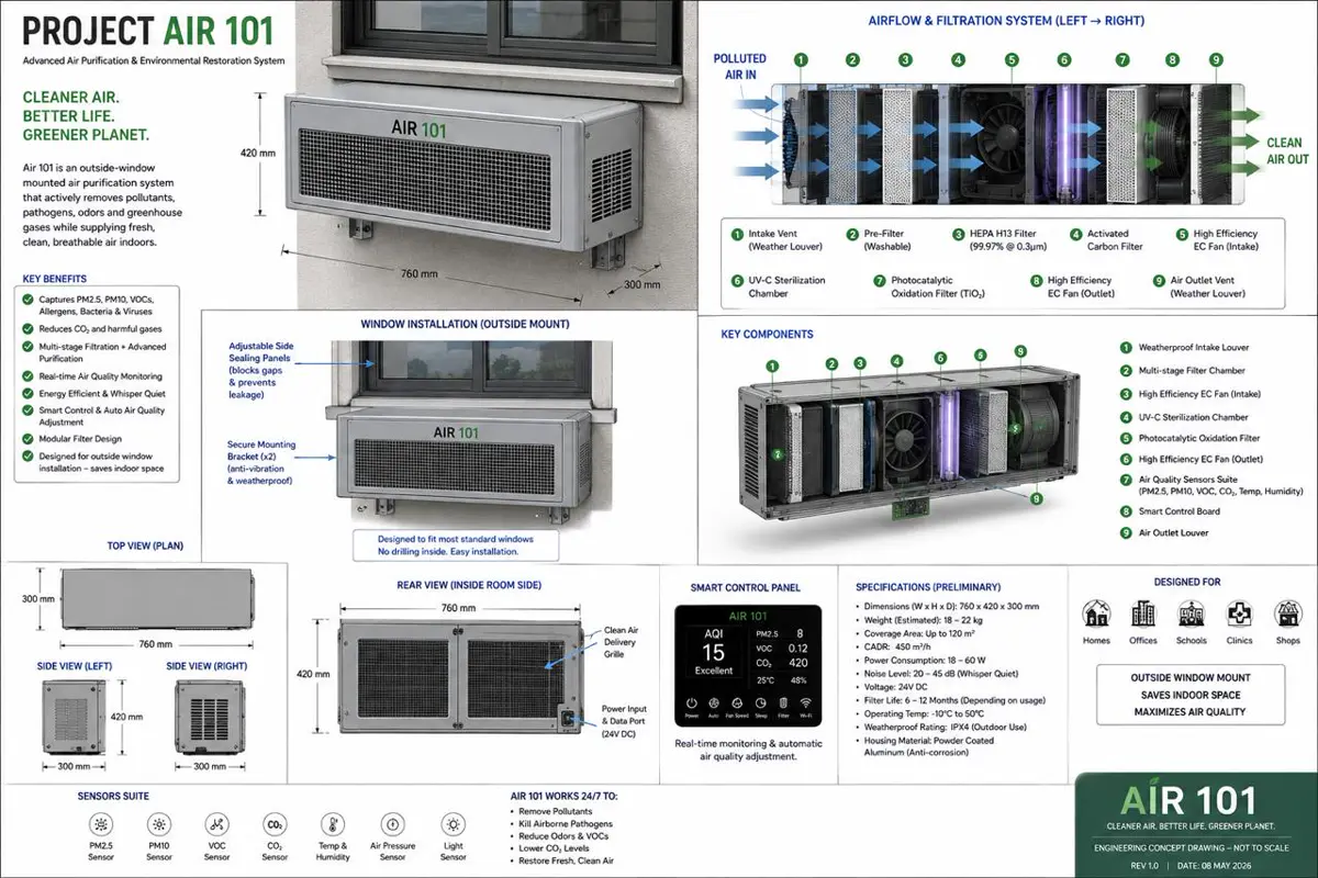 Technical product infographic for the AIR 101 window-mounted air purification system